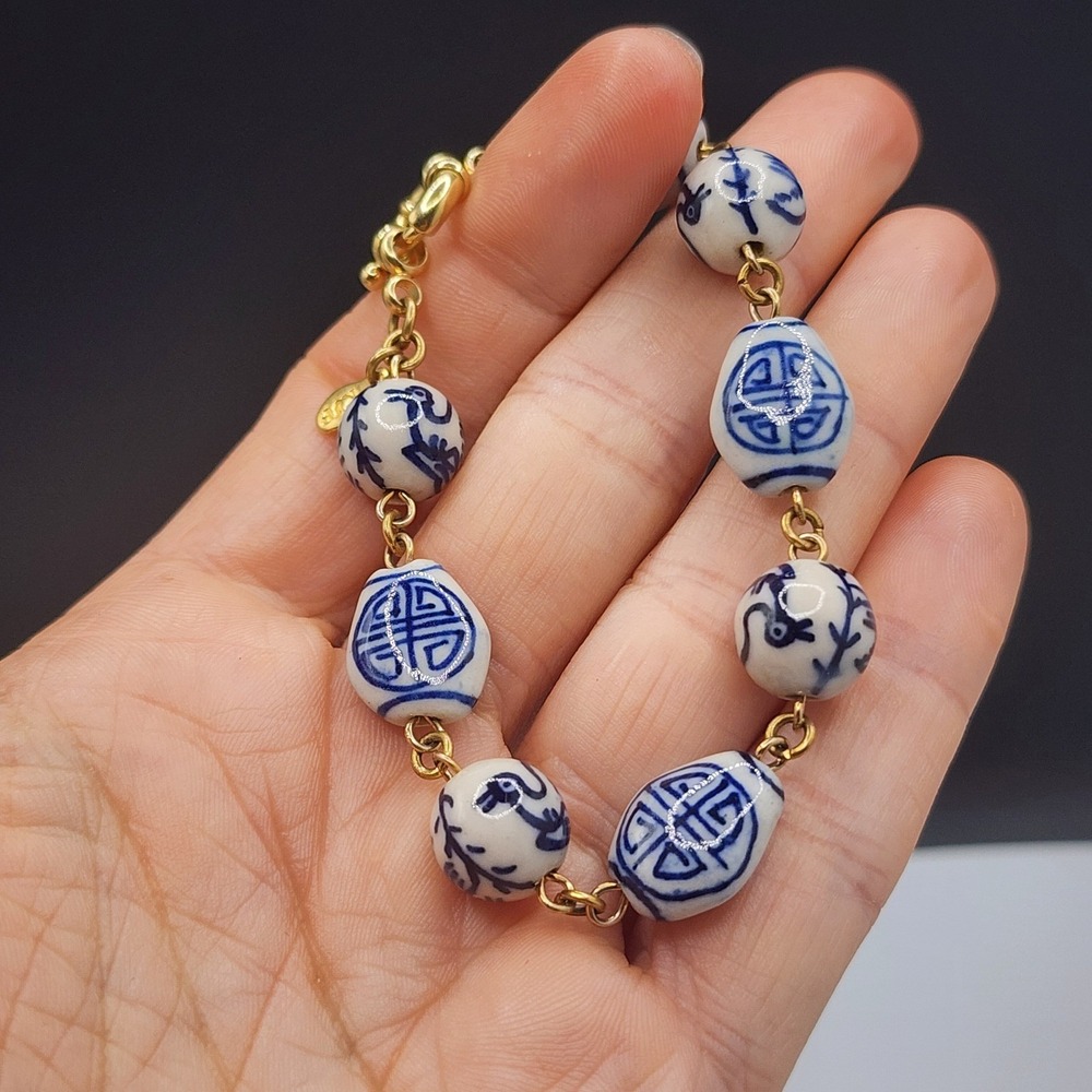 KJP Bracelet Blue White Ceramic Chinoiserie Bird Longevity Gold Tone 7.5in